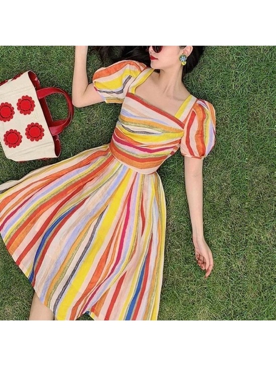 Mr Water Dresses & Skirts - Mr Water New York Vintage inspired Rainbow Striped Cotton Dress NWT Puff Sleeve